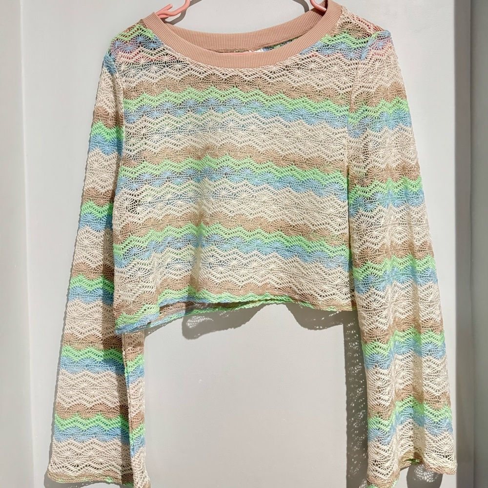 Green and Pink Cropped Ribbed Hoodie
